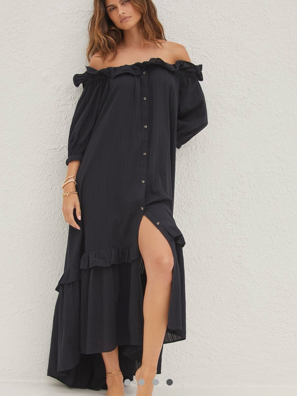 Anthropologie Black Button-Front Ruffle Off-Shoulder Maxi Dress
